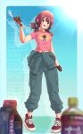  1girl :d alternate_hairstyle brown_hair gloves green_eyes highres jagi_(jagi_souken) jumpsuit jumpsuit_around_waist midriff navel shoes simple_background smile sneakers solo toki_ayano twintails wrench yurucamp 