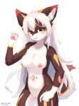  2023 absurd_res anthro areola blep blush breasts canid canine cute_fangs digital_media_(artwork) female female_anthro fur genitals hair hi_res kemono long_hair looking_at_viewer mammal multicolored_body multicolored_fur nipples nude pussy shiokisylvia solo tongue tongue_out 
