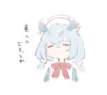  :3 blue_hair bow closed_eyes closed_mouth commentary_request cropped_torso facing_viewer genshin_impact hair_between_eyes mayogii red_bow shirt sigewinne_(genshin_impact) simple_background sketch translation_request upper_body white_background white_headwear white_shirt 