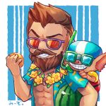  2boys beard character_request chibi creature dark-skinned_male dark_skin facial_hair flower flower_necklace food fruit gangplank_(league_of_legends) hawaiian_shirt holding holding_food holding_fruit league_of_legends lowres mature_male mizoreame multiple_boys muscular muscular_male official_alternate_costume open_clothes open_shirt orange-tinted_eyewear raised_eyebrow shirt spiked_hair sunglasses thick_mustache tinted_eyewear upper_body 