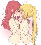  2girls ahoge back bikini blonde_hair blush bocchi_the_rock! breasts closed_eyes cropped_torso french_kiss halterneck heart highres hug ijichi_nijika kiss kita_ikuyo long_hair mel_(melty_pot) micro_bikini multiple_girls one_side_up red_bikini red_hair side_ponytail small_breasts sweat swimsuit tongue untied untied_bikini yellow_bikini yuri 