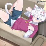  1boy animal_ear_fluff animal_ears artist_name barefoot black_shorts blue_eyes blush cat_ears cat_tail commentary couch hands_up hunter_x_hunter jjw1029 killua_zoldyck legs long_sleeves looking_at_viewer lying male_focus on_back on_couch paid_reward_available paw_pose red_vest shirt short_hair shorts solo spiked_hair tail thighs twitter_username vest white_hair white_shirt 
