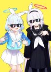  2girls arona_(blue_archive) black_serafuku blue_archive blue_hair blue_serafuku halo hand_gesture highres long_hair morotake multiple_girls plana_(blue_archive) school_uniform serafuku short_hair sunglasses v white_hair yellow_background 