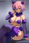  1girl absurdres animal_ear_fluff arm_at_side arm_support artist_name bare_shoulders blurry blurry_background breasts cleavage closed_mouth crossed_legs detached_sleeves english_commentary fate/grand_order fate_(series) fur_trim hair_over_one_eye hammerofsolace highres large_breasts mash_kyrielight mash_kyrielight_(dangerous_beast) o-ring official_alternate_costume pink_hair purple_eyes purple_thighhighs revealing_clothes shadow short_hair simple_background sitting smile solo split_mouth thighhighs thighs 