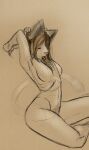  accessory androidz anthro breasts celest_(androidz) domestic_cat felid feline felis female fur hair hair_accessory hair_tie hair_tie_in_mouth hi_res mammal nude pigtails pubes raised_arm sketch solo thick_thighs wide_hips 