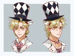  1boy 1girl battle_tendency blonde_hair bow bowtie braid caesar_anthonio_zeppeli checkered_clothes checkered_headwear facial_mark genderswap genderswap_(mtf) green_eyes hat highres jojo_no_kimyou_na_bouken portrait top_hat twin_braids zhoujo51 