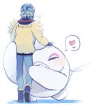  1boy affectionate blue_footwear blue_hair blue_pants blue_scarf boots cetoddle commentary_request grusha_(pokemon) hair_bun heart highres jacket long_sleeves male_focus mittens mocacoffee_1001 pants pokemon pokemon_(creature) pokemon_(game) pokemon_sv scarf spoken_heart standing striped striped_scarf white_background yellow_jacket 