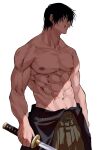  1boy abs black_hair fushiguro_touji hakama hakama_pants highres holding holding_sword holding_weapon japanese_clothes jujutsu_kaisen katana looking_to_the_side male_focus mature_male mixed-language_commentary muscular muscular_male navel nipples pants pectorals scar scar_on_face scar_on_mouth serious short_hair solo sword topless_male twitter_username vermilli000n weapon 
