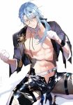  1boy abs ascot belt black_pantyhose blue_eyes blue_hair blush boots edmond_(nu_carnival) full_body gem gloves hair_over_shoulder high_heel_boots high_heels knee_boots light_blue_hair long_hair long_sleeves looking_at_viewer low_ponytail male_focus monocle muscular muscular_male navel nipples nu_carnival official_alternate_costume open_clothes owner_bird pantyhose pectorals spread_legs squatting thigh_strap torn_clothes white_ascot white_belt white_footwear white_gloves 