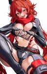  1girl bikini black_bikini black_gloves black_thighhighs blush breasts fingerless_gloves gloves goddess_of_victory:_nikke head_tilt highres large_breasts latex_bikini laughing long_hair looking_at_viewer messy_hair mikan03_26 navel open_mouth red_hair red_hood_(nikke) red_scarf scarf sitting smile smirk solo suspenders swimsuit teeth thighhighs tongue upper_teeth_only very_long_hair white_background yellow_eyes 