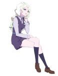  1girl ar_jart blonde_hair blue_eyes crossed_legs diana_cavendish dress full_body hand_on_own_chin highres invisible_chair kneehighs legs little_witch_academia loafers long_hair long_sleeves luna_nova_school_uniform multicolored_hair parted_lips pinafore_dress school_uniform shoes signature simple_background sitting socks streaked_hair thighs white_background 