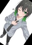  1girl absurdres adjusting_clothes adjusting_necktie black_hair black_necktie black_pants blush closed_mouth collared_shirt dutch_angle gradient_hair green_eyes green_hair grey_shirt grey_socks hair_between_eyes hair_down heart highres kawai_ritsu_(rits_meg) long_sleeves looking_at_viewer love_live! love_live!_nijigasaki_high_school_idol_club medium_hair multicolored_hair necktie one_eye_closed pants selfie shirt socks solo standing takasaki_yuu 