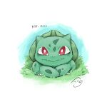  animal_focus bright_pupils bulbasaur claws closed_mouth commentary_request fangs higureya8 looking_at_viewer no_humans nostrils on_grass pokedex_number pokemon pokemon_(creature) red_eyes signature simple_background straight-on white_background white_pupils 
