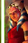  1girl ahsoka_tano alien armlet artist_name blue_eyes energy_sword green_lightsaber highres lightsaber looking_at_viewer red_shirt shirt sleeveless solo star_wars star_wars:_the_clone_wars sword togruta upper_body uzuri_art weapon 