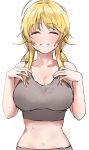  1girl ^_^ absurdres ahoge blonde_hair blush breasts cleavage closed_eyes collarbone facing_viewer grey_sports_bra hachimiya_meguru highres idolmaster idolmaster_shiny_colors korean_commentary large_breasts navel pdal_(pdalhhh) simple_background smile solo sports_bra stomach twintails upper_body white_background 