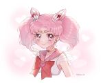  +1_(yakusoku0722) 1girl bishoujo_senshi_sailor_moon blush bow bowtie chibi_usa choker cone_hair_bun double_bun hair_bun heart heart_choker highres looking_at_viewer parted_bangs pink_eyes pink_hair pink_sailor_collar red_bow red_bowtie sailor_chibi_moon sailor_collar sailor_senshi short_hair short_sleeves short_twintails smile solo twintails 