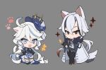  2girls ahoge animal_ears arlecchino_(genshin_impact) asymmetrical_gloves black_gloves black_hair black_pants blue_eyes blue_hair blue_headwear chibi closed_mouth coat coat_on_shoulders crossed_legs furina_(genshin_impact) genshin_impact gloves grey_background grey_hair hair_between_eyes hand_on_own_hip hat highres long_hair looking_at_viewer mismatched_gloves mismatched_pupils multicolored_hair multiple_girls open_mouth pants papajay_(jennygin2) paw_print rabbit red_pupils shorts simple_background sparkle symbol-shaped_pupils very_long_hair watson_cross x-shaped_pupils 