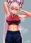 1girl abs absurdres adjusting_hair arm_behind_head armpits blue_background blue_pants bow commission equality_taira fujiwara_no_mokou grey_hair hair_between_eyes hair_bow highres long_hair looking_at_viewer midriff navel pants red_eyes red_shirt shirt signature skeb_commission smile solo touhou very_long_hair visible_air white_bow 