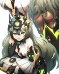  1girl arm_support ass asymmetrical_gloves bare_shoulders black_dress breasts cleavage cream_bread crown dress elbow_gloves gloves green_eyes green_hair hand_on_own_cheek hand_on_own_face highres honkai_(series) honkai_impact_3rd long_hair looking_at_viewer mismatched_gloves mobius_(honkai_impact) multiple_views simple_background single_sleeve smile solo tongue tongue_out white_background 