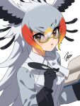  1girl bird_girl bird_wings black_gloves blonde_hair blush book brown_eyes collared_shirt gloves grey_hair hair_between_eyes hatagaya head_wings kemono_friends long_hair long_sleeves looking_at_viewer multicolored_hair orange_hair quill red_hair secretarybird_(kemono_friends) semi-rimless_eyewear shirt sidelocks solo white_shirt wings yellow-framed_eyewear 