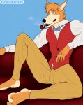  anthro barefoot bottomwear bow_tie canid canine canis clothing collared_shirt depictionexpress domestic_dog dress_shirt feet formal_clothing fur furniture hi_res looking_at_viewer male mammal orange_body orange_fur pants perspective relaxing sherlock_hound shirt shoes_removed simple_background smoke smoking smoking_pipe sofa solo spread_legs spreading suit tan_body tan_fur toe_curl toes topwear 