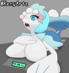  anthro big_breasts blue_body blue_eyes blue_hair breast_squish breasts butt eyelashes female feral fish generation_7_pokemon hair hand_on_breast hi_res huge_breasts marine nintendo nude pokemon pokemon_(species) primarina renyartz siren solo squish surprised_expression white_body 