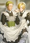  2boys absurdres alternate_costume apron arm_on_shoulder black_dress blonde_hair blue_eyes blurry blurry_background cigarette clenched_teeth crossdressing dress earrings enmaided facial_hair frilled_apron frills green_hair hair_over_one_eye hat highres jewelry maid male_focus mob_cap multiple_boys one_eye_closed one_piece poipoisky72 roronoa_zoro sanji_(one_piece) scar scar_across_eye short_hair smoking teeth v-shaped_eyebrows 