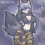  2023 anthro azra_(vex714) belt blue_eyes bottomwear breasts camo camo_bottomwear camo_clothing camo_pants camo_print canid canine cleavage clothed clothing female fluffy fluffy_tail fur grey_body grey_hair hair hi_res long_hair looking_at_viewer mammal midriff mookkzhy navel nude pants pattern_bottomwear pattern_clothing pattern_pants portrait scar smile solo tail three-quarter_portrait underwear 