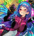  1girl against_fourth_wall against_glass blue_hair bodysuit breast_press breasts_on_glass cheek_on_glass fourth_wall gloves hand_on_glass jacket kula_diamond long_hair looking_at_viewer one_eye_closed onono_imoko paid_reward_available red_eyes solo the_king_of_fighters zipper 