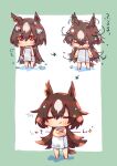 1girl after_bathing animal_ears arrow_(symbol) border brown_hair chibi closed_mouth commentary_request crossed_arms ear_ornament full_body green_border hair_between_eyes highres horse_ears horse_girl horse_tail long_hair mihasame multicolored_hair multiple_views naked_towel red_eyes shaking_head simple_background sirius_symboli_(umamusume) streaked_hair tail towel umamusume very_long_hair water wet wet_hair white_background white_hair white_towel 