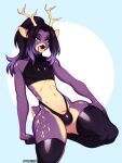  anthro antlers bulge clothed clothing crop_top crossdressing deer fur genitals girly green_eyes hair hi_res highlights_(coloring) horn keri_(akukun) latex latex_stockings littlesheep looking_at_viewer male mammal midriff penis penis_base purple_body purple_fur purple_hair shirt slim solo thick_thighs thong topwear underwear 