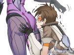  2girls artist_request ass bad_source gloves goggles jacket kissing_ass leather leather_jacket multiple_girls orange_goggles overwatch overwatch_1 simple_background tracer_(overwatch) widowmaker_(overwatch) 