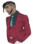  1boy alternate_color beard black_hair black_shirt closed_mouth collared_shirt commentary_request earrings facial_hair green_eyes green_necktie hand_in_pocket jacket jewelry looking_at_viewer male_focus necktie open_clothes open_jacket pants pokemon pokemon_(game) pokemon_masters_ex red_jacket red_pants red_vest rose_(pokemon) shirt short_hair simple_background solo suit tsuruba_(tsu41014812) twitter_username undercut vest watermark white_background 