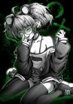  1girl adjusting_eyewear ahoge animal_ear_headphones animal_ears baggy_clothes bare_shoulders black_choker choker collarbone dark_background ebiblue eliza_(yeougui) evil_smile fake_animal_ears fang finger_on_eyewear flaming_eye garter_straps gesugao glasses green_eyes greyscale halterneck headphones highres holding holding_phone long_sleeves looking_at_viewer monochrome open_mouth original phone shirt sitting smile smug solo strap thighhighs wariza 