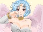  1girl angel_wings bare_shoulders blue_hair breasts chickenkue cleavage closed_mouth collarbone crying crying_with_eyes_open dress facial_mark feathered_wings filia_(star_ocean) forehead_jewel forehead_mark highres jewelry looking_at_viewer pointy_ears red_eyes short_hair simple_background solo star_ocean star_ocean_the_second_story tears wings 