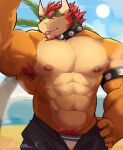  2023 abs anthro armband armpit_hair barazoku beach beard biceps big_muscles blep bodily_fluids body_hair bottomwear bowser clothed clothing cloud collar day deedea eyebrows facial_hair hair hand_on_hip hi_res horn huge_muscles koopa male mario_bros muscular muscular_anthro muscular_male narrowed_eyes navel nintendo nipples non-mammal_nipples obliques palm_tree pants pecs plant pubes sand scalie seaside serratus signature sky solo spiked_armband spiked_collar spikes standing sun sweat teeth text tongue tongue_out topless topless_anthro topless_male tree underwear unzipped url water zipper 