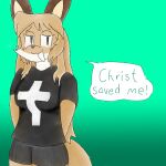  anthro averi_(fiddleafox) big_breasts black_bottomwear black_clothing black_shorts bottomwear breasts brown_body brown_fur canid canine christian_cross christianity clothing cross_print dialogue dipstick_tail english_text female female_anthro fox fur green_text hair hands_behind_back leg_markings mammal markings print_clothing print_shirt print_t-shirt print_topwear religion shirt shorts simple_background solo t-shirt tail tail_markings talking_to_viewer text topwear unknown_artist white_body white_fur 
