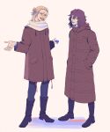  2boys bags_under_eyes black_footwear black_hair black_pants blonde_hair boku_no_hero_academia brown_coat buttons closed_mouth coat eraser_head_(boku_no_hero_academia) facial_hair full_body hair_between_eyes hand_in_pocket looking_at_viewer male_focus multiple_boys mustache open_mouth outstretched_arms pants pocket present_mic rnuyvm sparse_stubble teeth white-framed_eyewear 
