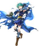  1boy armpit_peek armpits asbel_(fire_emblem) blue_cape blue_gloves book boots brown_footwear cape fingerless_gloves fire_emblem fire_emblem:_thracia_776 fire_emblem_heroes full_body gloves green_eyes green_hair highres holding holding_book knees leg_up one_eye_closed open_mouth short_hair solo torn_clothes transparent_background wada_sachiko 
