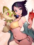  1girl bikini black_bikini black_hair blue_eyes breasts fumio_(rsqkr) hair_ornament hairclip highres holding holding_phone large_breasts liko_(pokemon) looking_at_viewer mismatched_bikini navel phone pokemon pokemon_(anime) pokemon_(creature) pokemon_horizons rotom rotom_phone smile sprigatito swimsuit teeth two-tone_bikini upper_teeth_only yellow_bikini 