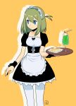  1girl alternate_costume apron bangs bendy_straw black_dress blue_eyes breasts closed_mouth collarbone cup dress drinking_glass drinking_straw drop_shadow enmaided food frilled_apron frills hair_between_eyes holding holding_tray looking_away looking_to_the_side maid maid_headdress muu_(mumumer) orange_background original pancake pantyhose puffy_short_sleeves puffy_sleeves short_sleeves simple_background small_breasts smile solo standing tray waist_apron white_apron white_pantyhose wrist_cuffs yunomiya_agari 