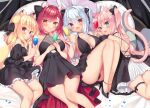  4girls :d animal_ears ass backless_dress backless_outfit bare_shoulders black_bow black_choker black_dress black_footwear black_panties black_ribbon blonde_hair blue_eyes blush boku_no_risou_no_isekai_seikatsu bow breasts brown_eyes cat_ears cat_girl cat_tail champagne_flute chise_(ichiri) choker cleavage closed_mouth commentary_request cup dress drinking_glass feet_out_of_frame fox_ears fox_girl fox_tail hair_between_eyes hair_bow hair_ribbon high_heels holding holding_cup large_breasts lying misia_(ichiri) multiple_girls natielis off-shoulder_dress off_shoulder on_back panties pillow pink_hair pleated_dress puffy_short_sleeves puffy_sleeves rabbit_ears rabimea_(ichiri) red_eyes red_hair ribbon sazaki_ichiri shoes short_sleeves sleeveless sleeveless_dress smile tail tiara two_side_up underwear 