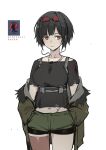  1girl armored_core armored_core_6 asymmetrical_legwear bird black_hair black_shirt bob_cut brown_thighhighs character_name crow earphones emblem english_text eyewear_on_head green_shorts hands_in_pockets highres las91214 looking_at_viewer navel nightfall_(armored_core_6) orange_eyes scar scar_on_shoulders scar_on_stomach shirt short_hair shorts single_thighhigh spoilers sunglasses thighhighs 