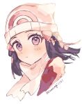  1girl beanie black_hair blush closed_mouth coat commentary_request dawn_(pokemon) eyelashes hair_ornament hairclip hat long_hair pokemon pokemon_(game) pokemon_dppt pokemon_platinum portrait red_coat scarf simple_background solo sumeragi1101 twitter_username watermark white_background white_headwear white_scarf 