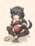  1girl animal_ears black_hair black_tail brown_eyes food heterogenia_linguistic:_ishuzoku_gengogaku_nyuumon jewelry licking licking_finger meat nana-ine necklace open_mouth simple_background sitting solo susuki_(heterogenia_linguistic) tail tongue tongue_out 