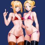  2girls black_thighhighs blonde_hair blue_background blue_eyes breasts brown_thighhighs closed_mouth collarbone cowboy_shot earrings elf green_eyes groin hair_bun hair_intakes hand_up highres jewelry legs_apart medium_breasts minamoto80486 multiple_girls navel original pointy_ears ringed_eyes short_hair simple_background single_earring single_hair_bun skindentation smile split_mouth standing thighhighs thighs 