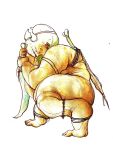  2022 alien alien_humanoid ambiguous_gender bone dagger feet fingers hi_res holding_object holding_weapon horn humanoid kneeling looking_at_viewer melee_weapon molvno nipples not_furry nude overweight simple_background solo toes weapon white_background white_body white_skin 