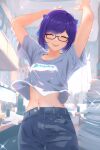  1girl a-chan_(hololive) absurdres arms_up closed_eyes cohi27151463 commentary_request cowboy_shot energy_drink glasses happy highres hololive midriff navel open_fly open_mouth purple_hair shirt short_hair smile solo sparkle t-shirt 