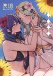  2girls bikini black_bikini blue_eyes blue_hair blush breasts byleth_(female)_(fire_emblem) byleth_(female)_(summer)_(fire_emblem) byleth_(fire_emblem) cleavage closed_mouth cover cover_page doujin_cover fire_emblem fire_emblem:_three_houses fire_emblem_heroes flower green_eyes green_hair hair_between_eyes hair_flower hair_ornament hibiscus highres ikarin imminent_kiss large_breasts long_hair multiple_girls navel official_alternate_costume rhea_(fire_emblem) rhea_(summer)_(fire_emblem) swimsuit white_bikini yuri 