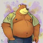  1:1 2023 absurd_res anthro bear belly big_belly black_nose brown_body clothed clothing hi_res kemono male mammal moobs nipples nookdae open_clothing open_shirt open_topwear overweight overweight_male shirt simple_background solo topwear 